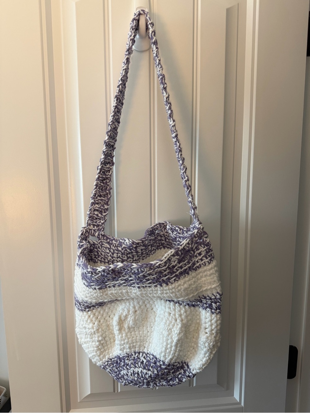 Hand Crafted White and Lavender Crocheted Shoulder Bag